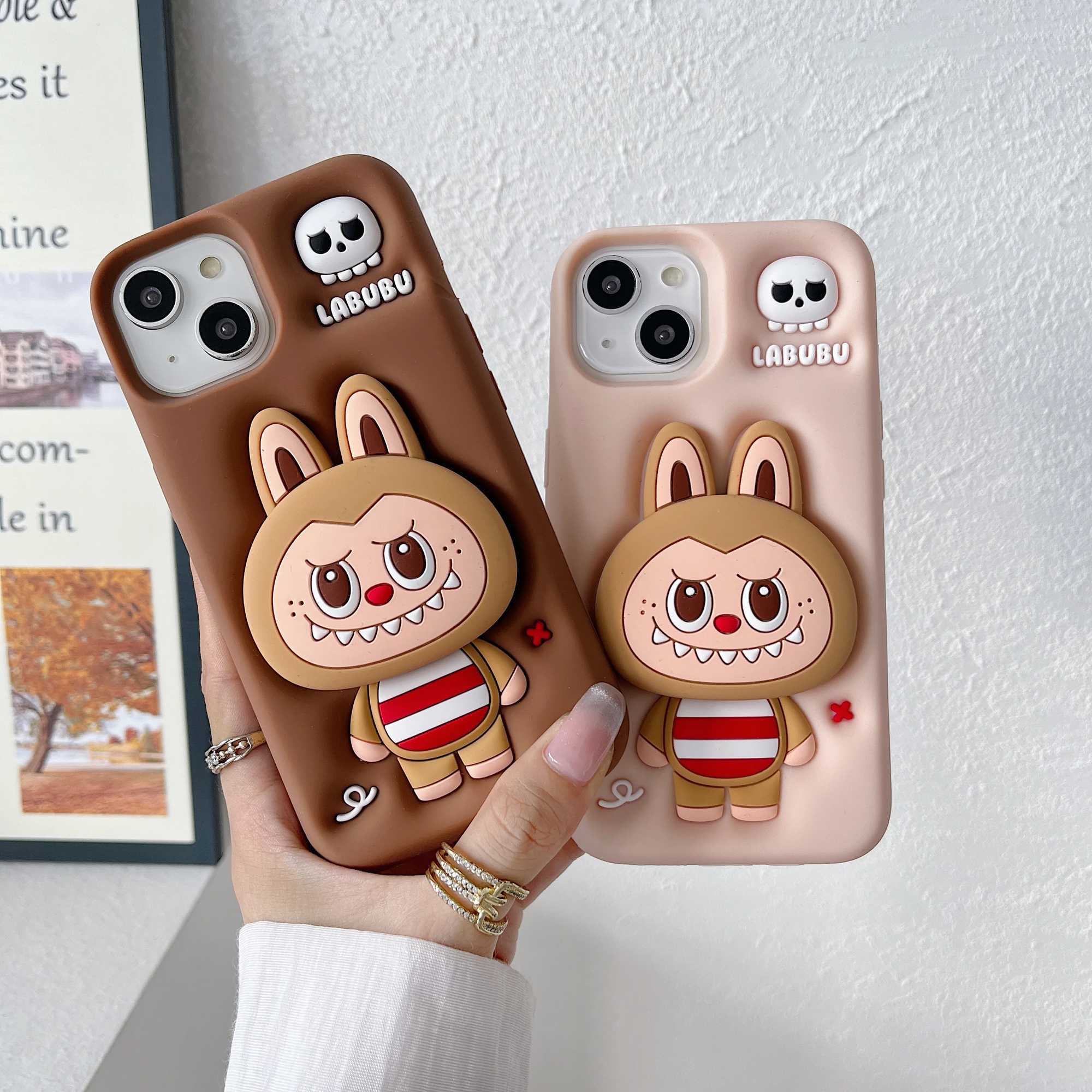 3D Cute Cartoon Stripe Labubu Soft Silicone Phone Case Back Cover For iPhone 14Plus 15Pro 11 12 13 16 Pro Max Telescopic Holder X2506051