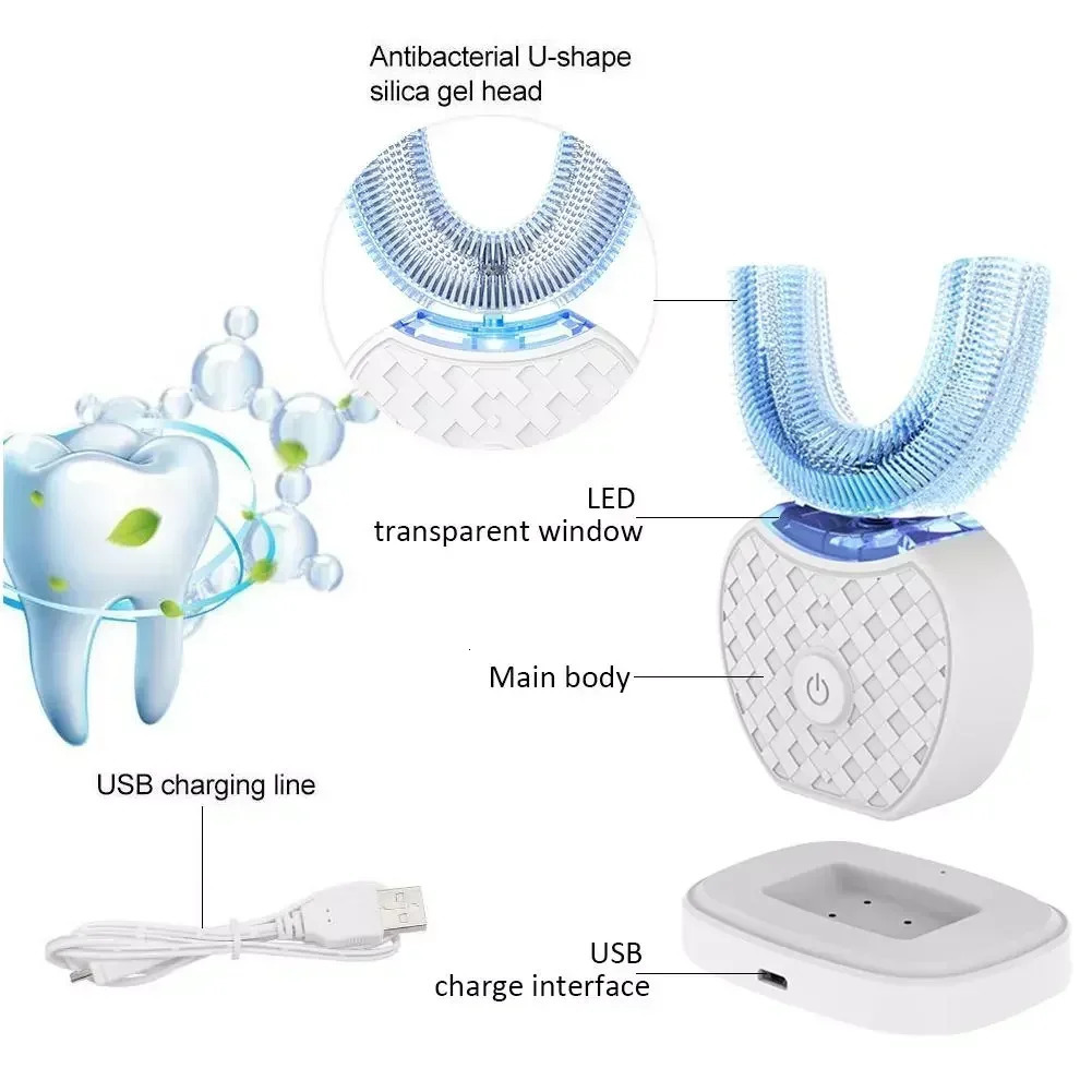 Ultrasonic Electric Toothbrush AdultAutomatic Toothbrush U-Shape Full Mouth 360° Clean Teeth IPX7 Waterproof 250604