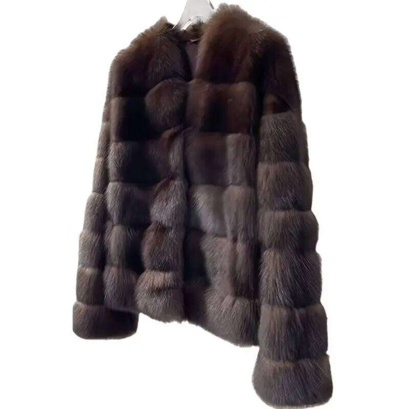 Women's Covered Button Faux Mink Fur Coat, O-Neck Short Jacket,Thick Warm Clothes,England Style,Autumn And Winter, 2024