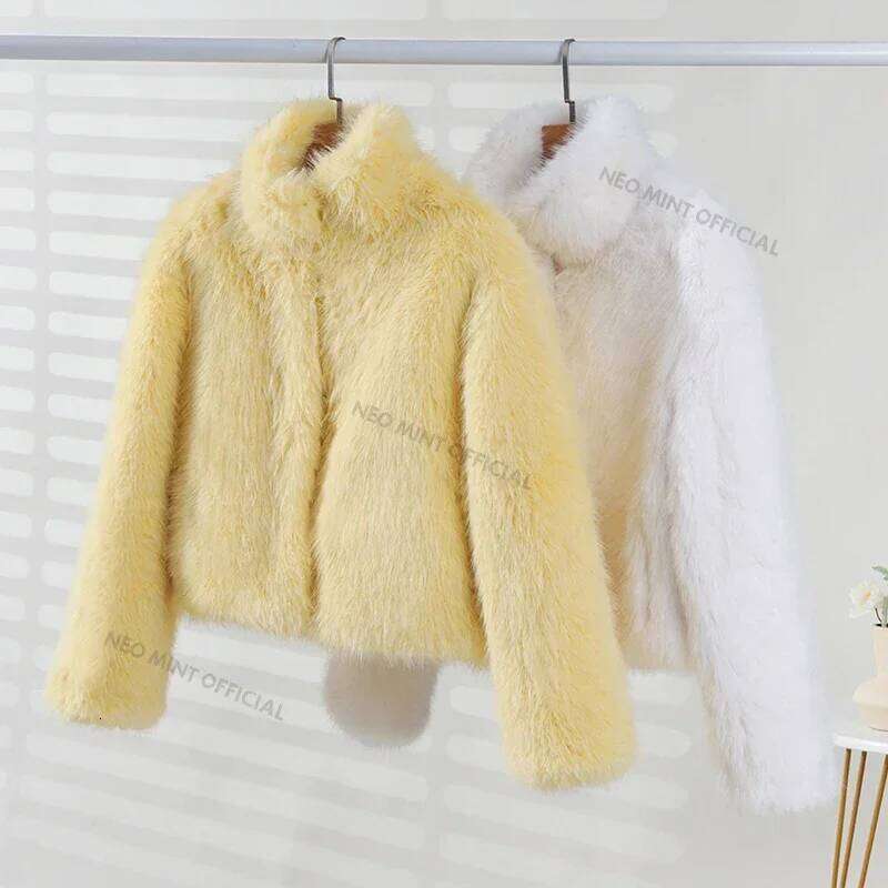 Neo Mint 2024 Winter Women Yellow Faux Jacket Chic Girls Fashion Streetwear Thicken Warm Stand Collar Fox Fur Coat Outerwear