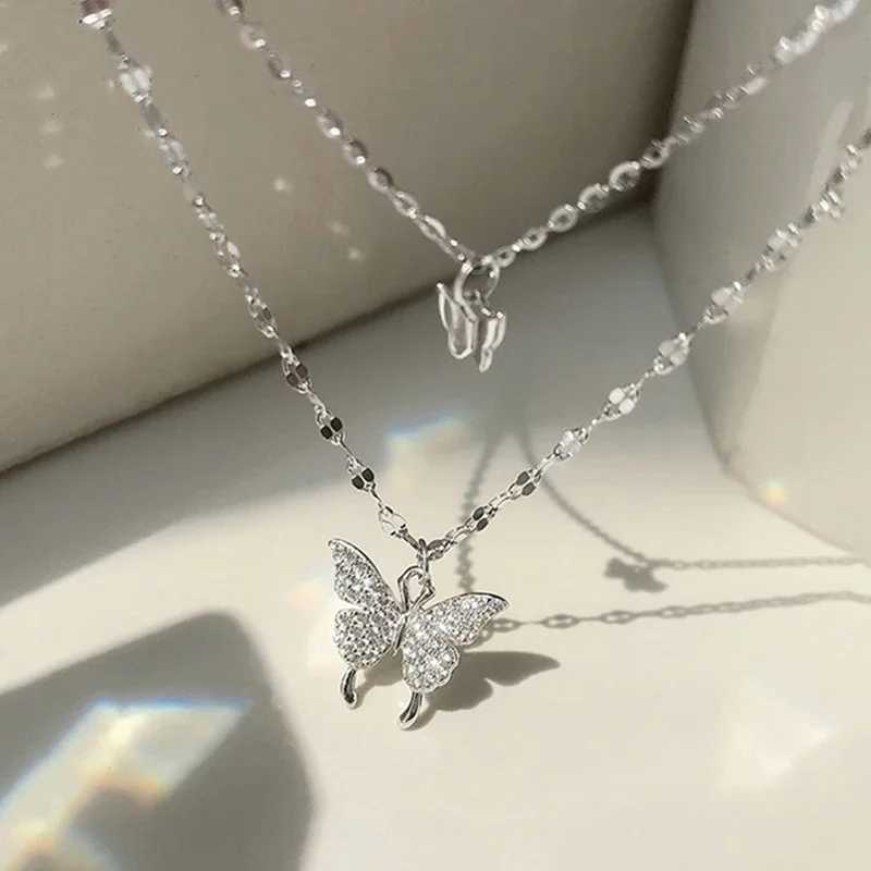 LATS New Shiny Butterfly Necklace Ladies Exquisite Double Layer Clavicle Chain Necklace Jewelry for Ladies Gift XJ250604