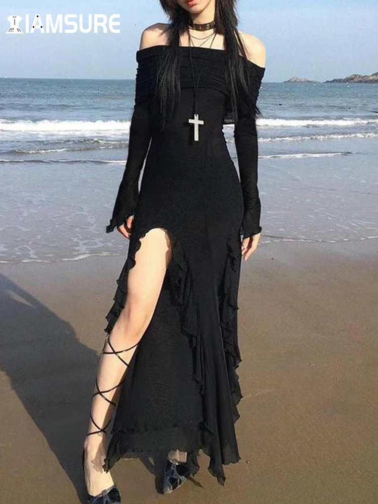 IAMSURE Elegant Fashion Dark Ruffles Split Long Dress Gothic Slash Neck Sleeve Maxi Dresses For Women 2023 Holiday Beach 250526