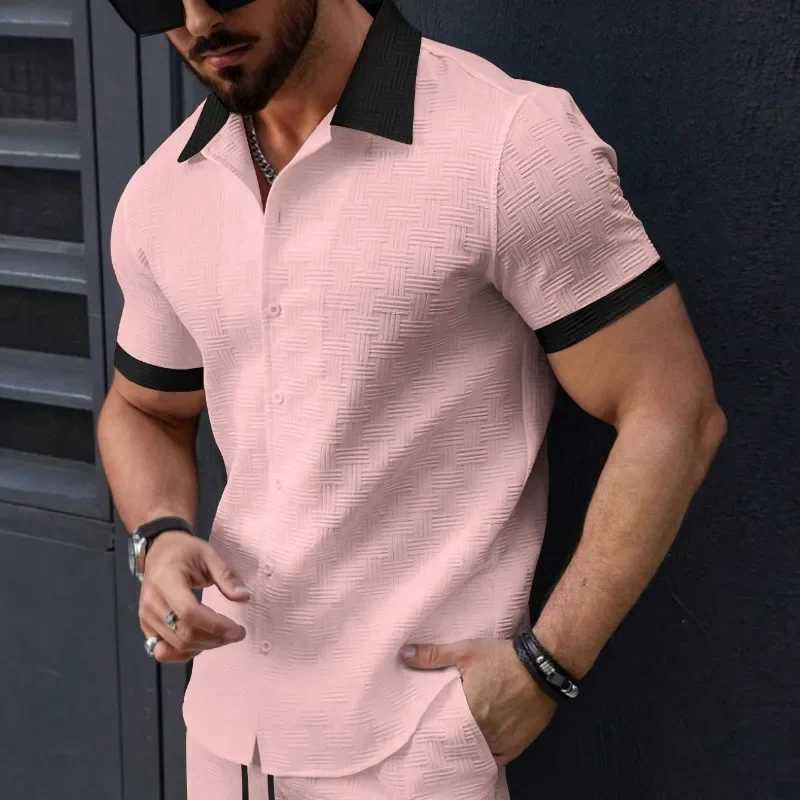 New Fashion Mens Jacquard Collocation Color Casual Short-sleeved Shirt Mens Casual T-shirt Men Clothing Polo Shirt XJ250605