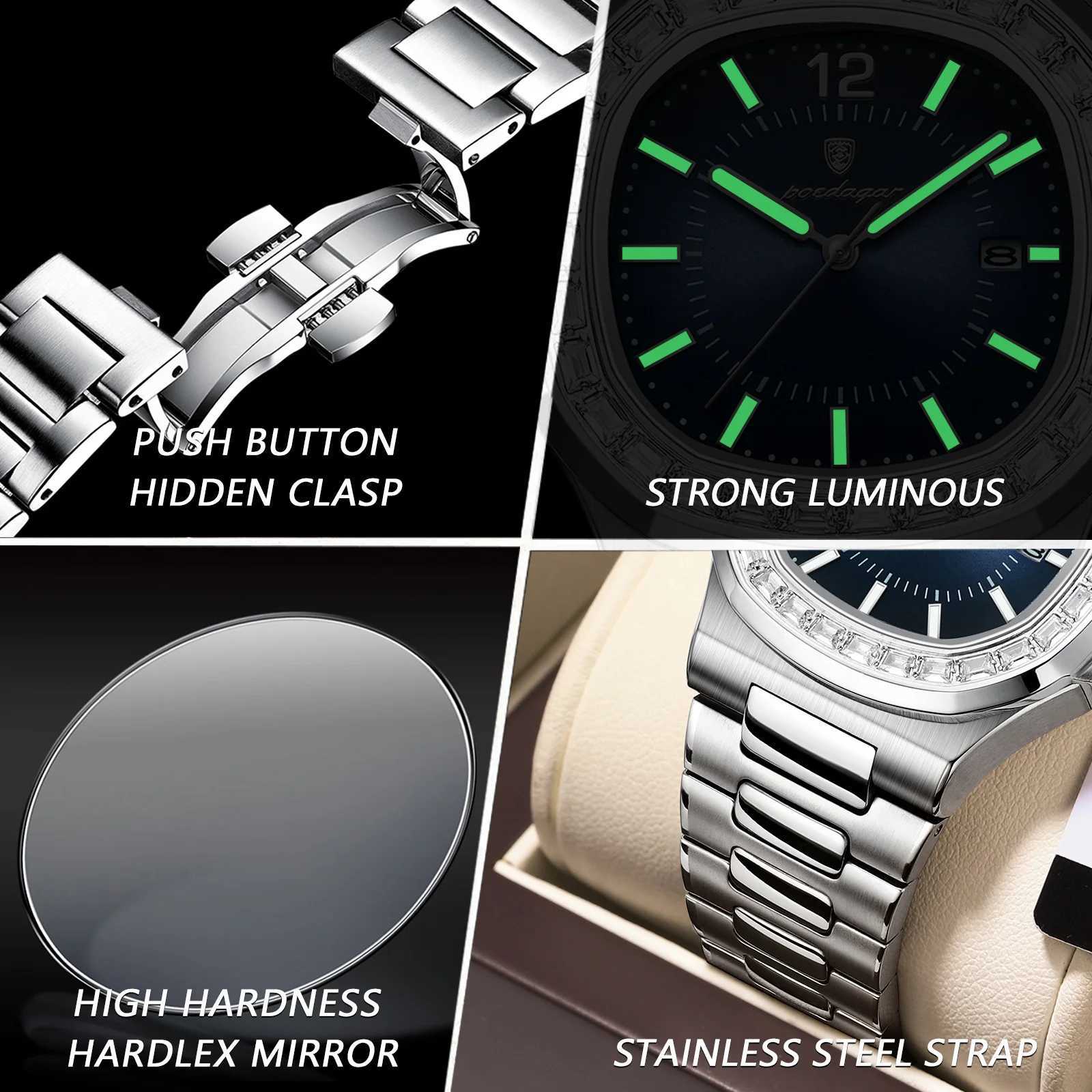 POEDAGAR Luxury Square Mens Quartz Watch Waterproof Luminous Date Mens Watch High Quality Stainless Steel Business Men Watches Y250605