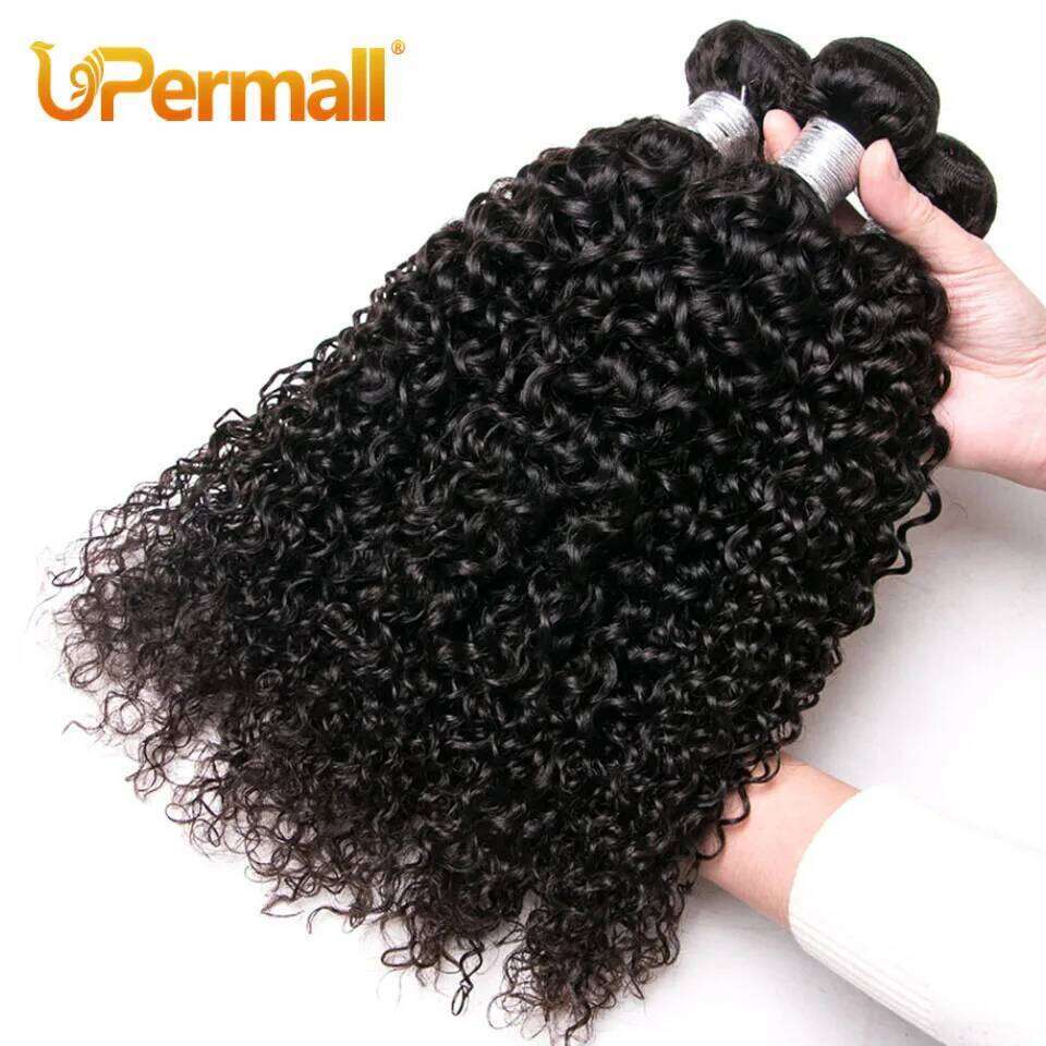 Upermall 3/4 Brazilian Remy Kinky Curly Human Hair Bundles With HD Transparent 4x4 Lace Closure and Weave Extension Soft