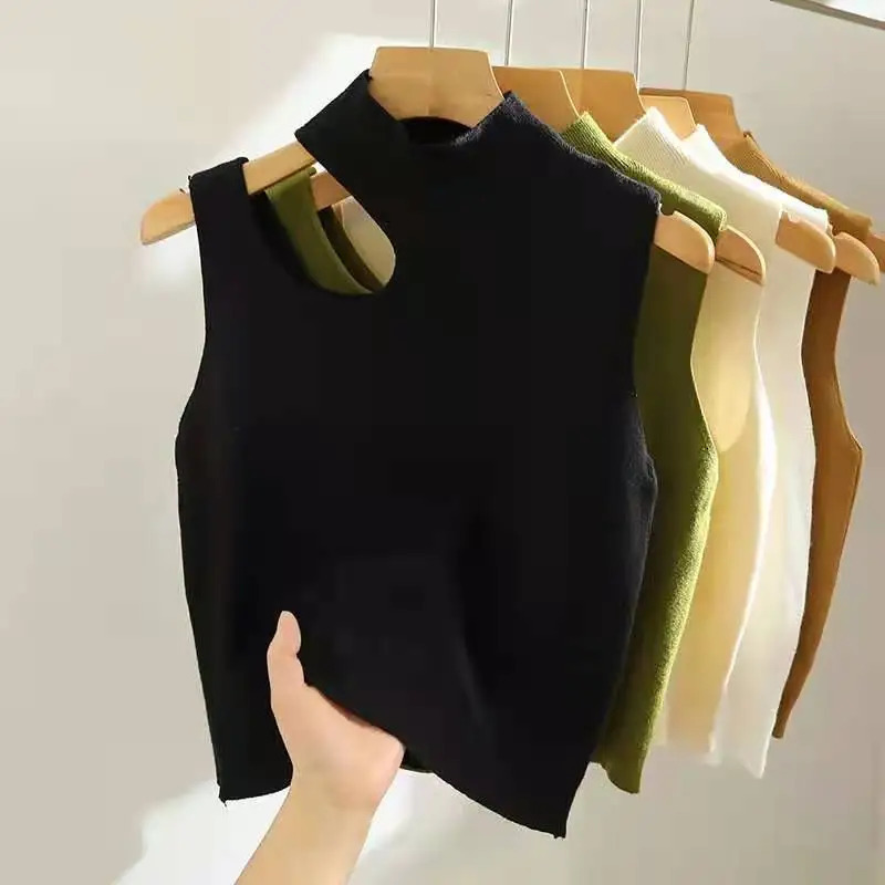 AOSSVIAO 2025 Hollow Out Pullover Knitted Tank Top Summer Fall Slim Sweater Sleeveless Solid Half High Collar Sweaters 250530