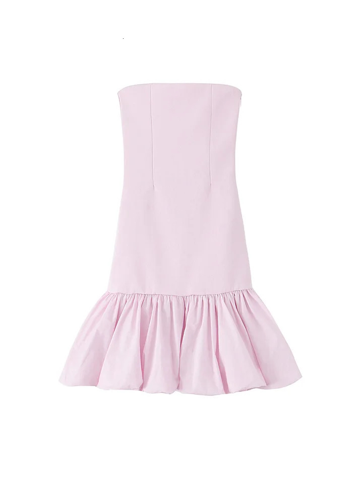 SIYANG Women Fashion Pink Patchwork Pleated Side Zipper Midi Dress Vintage Strapless Slash Neck Female Chic Lady Dresses 250604