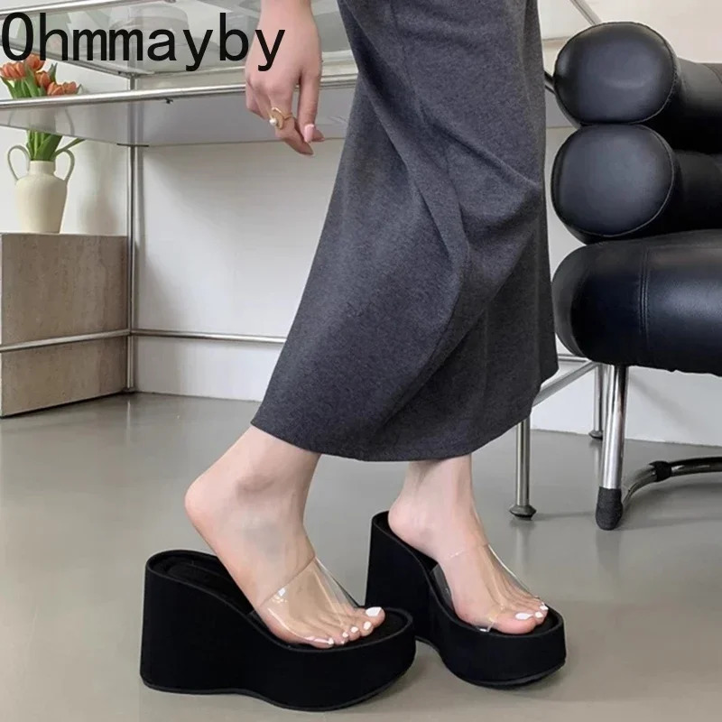 Summer Chunky Woman Slippers Fashion PVC Transparent Platform Wedges Heel Slides Ladies Casual Outdoor Beach Shoes 250605