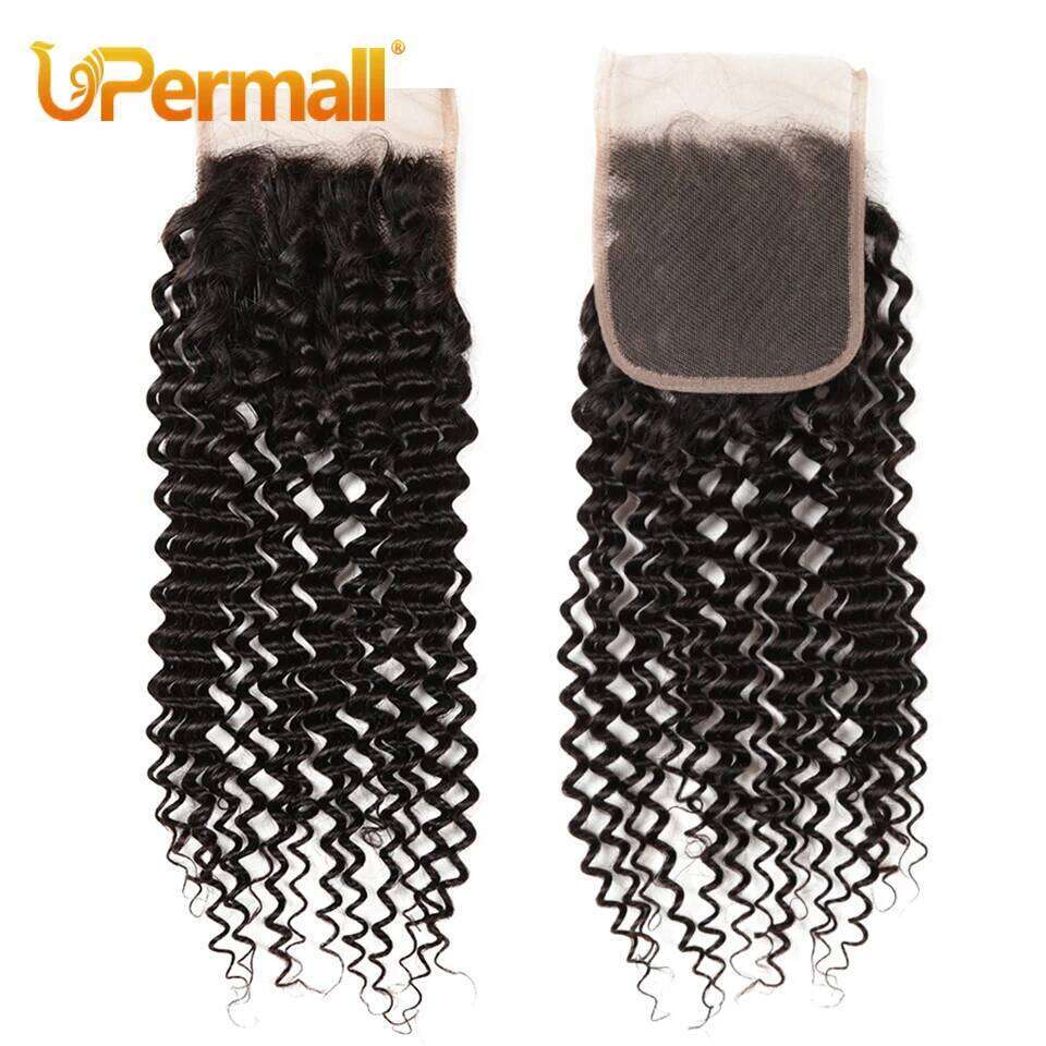 Upermall 3/4 Brazilian Remy Kinky Curly Human Hair Bundles With HD Transparent 4x4 Lace Closure and Weave Extension Soft