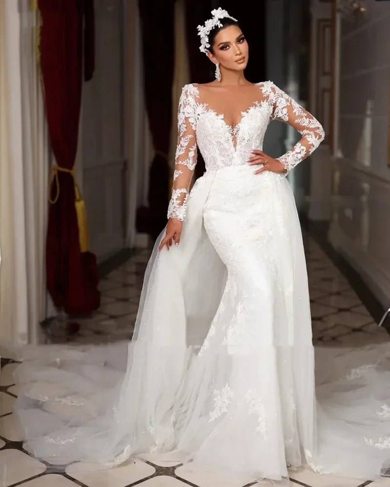 2025 New Modern Mermaid Wedding Dress Detachable Train Sheer Neck Long Sleeves Appliques Lace Tulle Church Bridal Bride Gowns Vestidos De Noiva