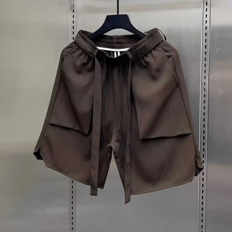 Mens Summer Pure Color Coffee Drawstring Casual Ice Silk Lightweight Breathable Loose Fit Trendy Straight Fit 5 Inch Shorts XJ250605