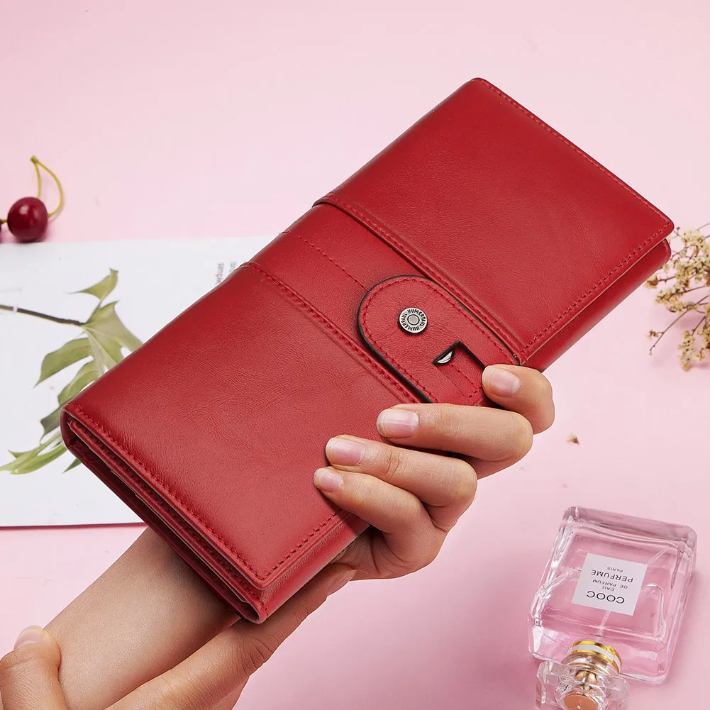 Genuine Leather Wallets Women Long Hasp Rfid Card Holder High Quality Ladies Red Coin Purse With Cellphone Pocket Portfel Damski 250605