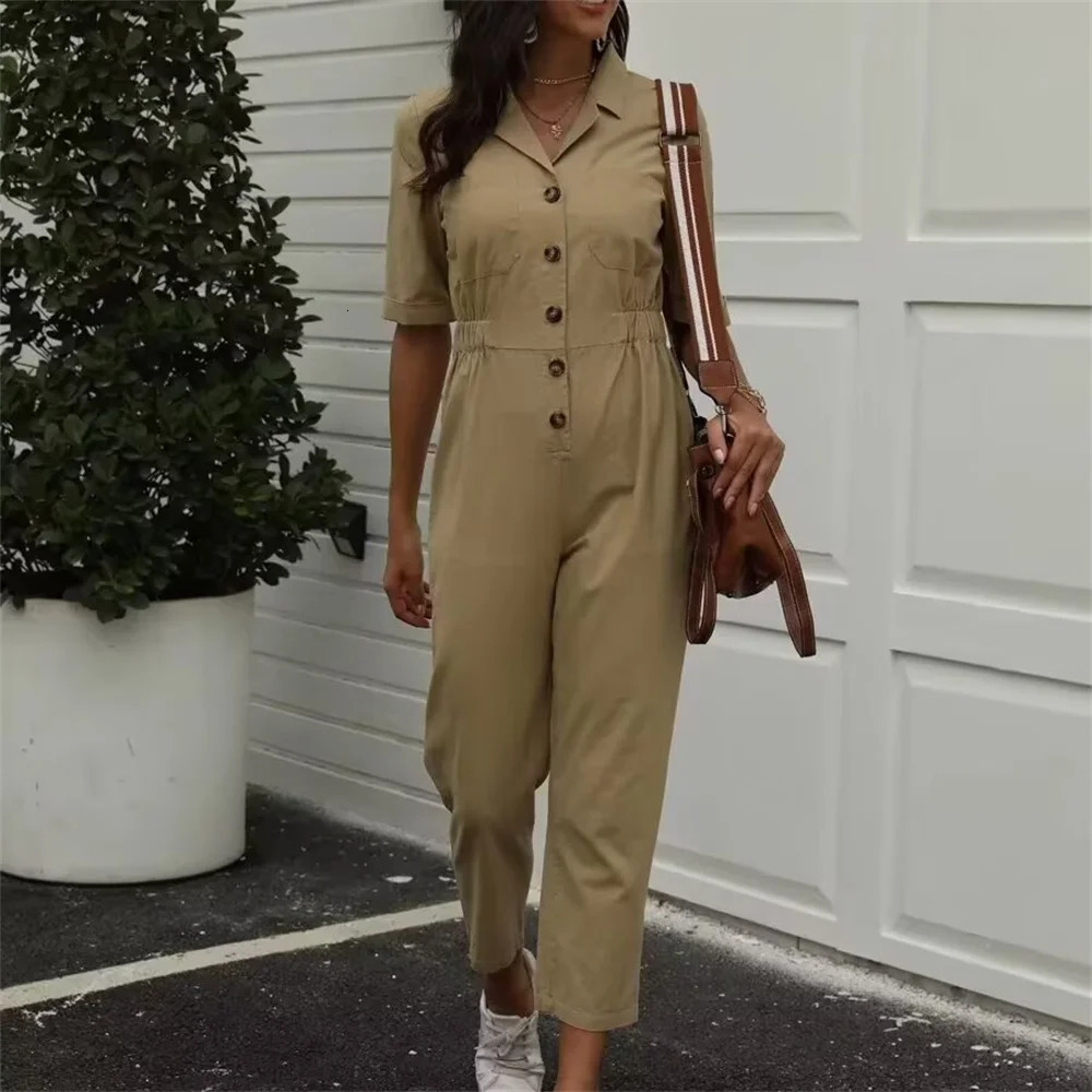 womens casual and elegant n with European American style shortsleeved solid color linen jumpsuit 250604