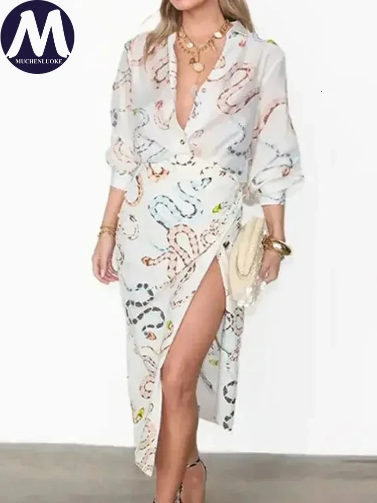 Womens Printed V Neck Shirt Dress Long Sleeves Fashionable Casual Loose High Waisted Slit Skirt Summer 2025 250605Z