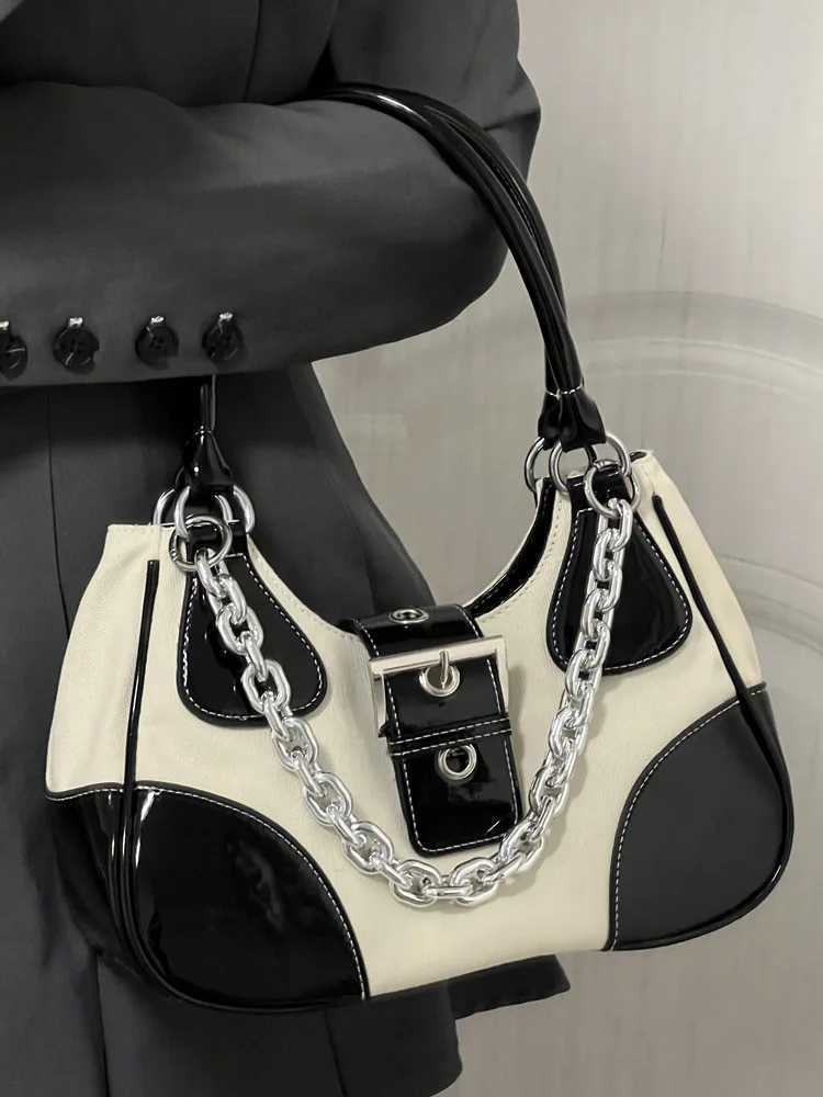 Inner y2k bag cool patent leather+ canvas underarm bag vintage women Metal Chain shoulder bag for female totes XJ250605