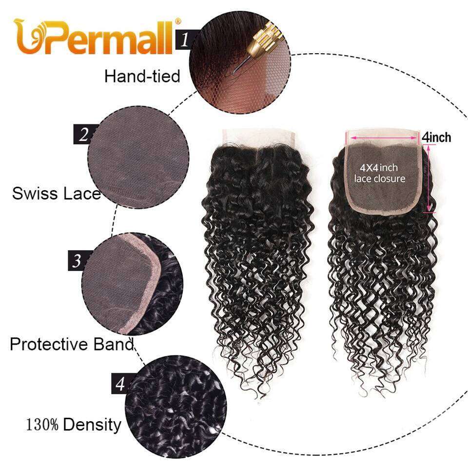Upermall 3/4 Brazilian Remy Kinky Curly Human Hair Bundles With HD Transparent 4x4 Lace Closure and Weave Extension Soft