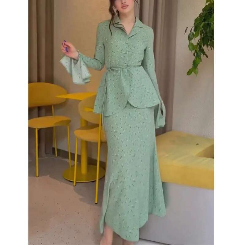 Women Dress Sets Small Floral Print Suits Long Petal Sleeve Loose High Waist Shirt Zipper Fly Skirt Elegant Two Piece Set
