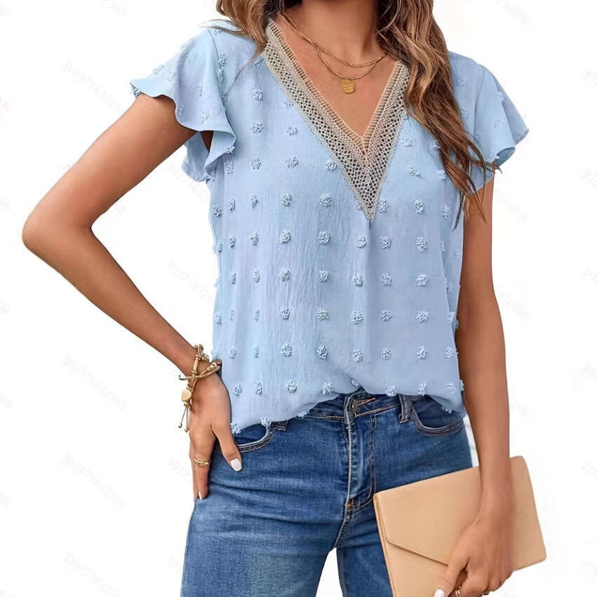 Women's Fashion Summer New V-Neck Ruched Puff Sleeve Pom-Pom Top Chiffon Blouse B5