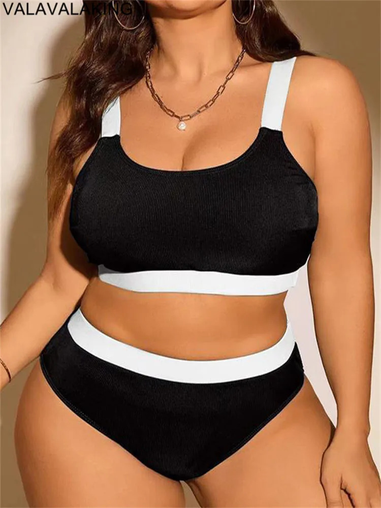 Solid Patchwork Two Piece Plus Size Bikini Women High Waist Large Swimsuit Lady Chubby Swimwear Beach Curvy Bathing Suit 250604