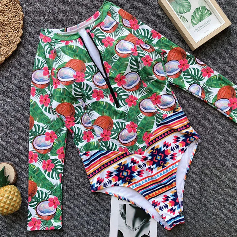 Vigorashely Long Sleeves Rash Guard Women Surf Swimwear Floral One Piece Swimsuit Diving Swimming Shirt Rashguard Wetsuits 250604