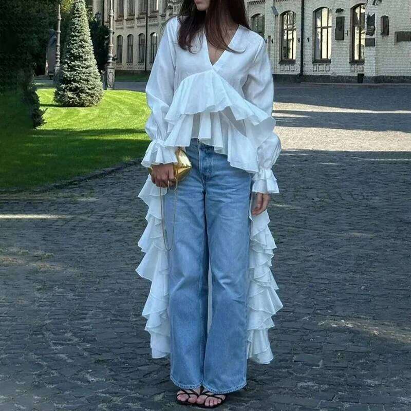 For Women Ruffles V-Neck Sleeve Chic Casual Shirts Spring Summer 2025 New Comfortable Female Fashion Long Blouses