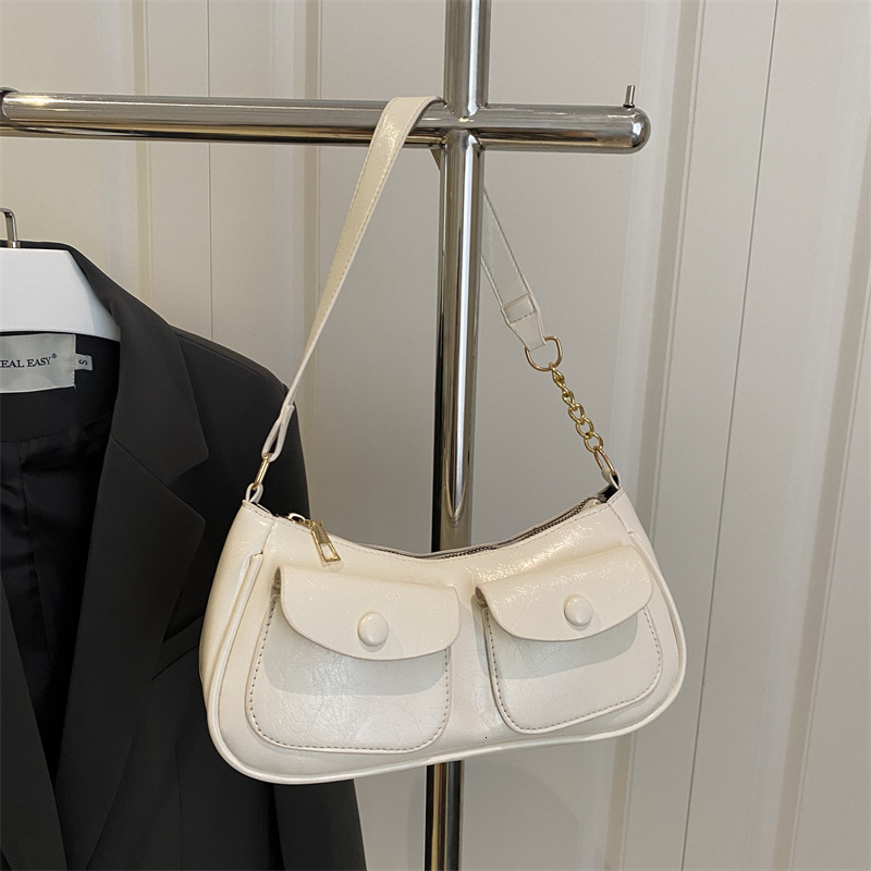 designer Vintage Commuter Underarm Bag for Women 2025 New Fashion Casual Double Pocket Leather Shoulder Bag Niche Stylish Handbag