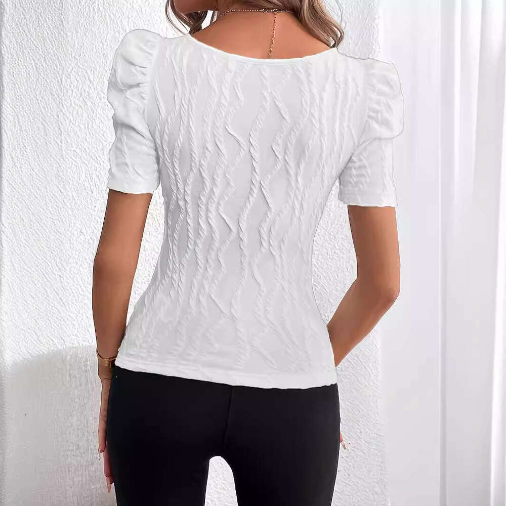 Waist-Cinching Casual Short Textured Leg-Of-Mutton Sleeve T-Shirt B5