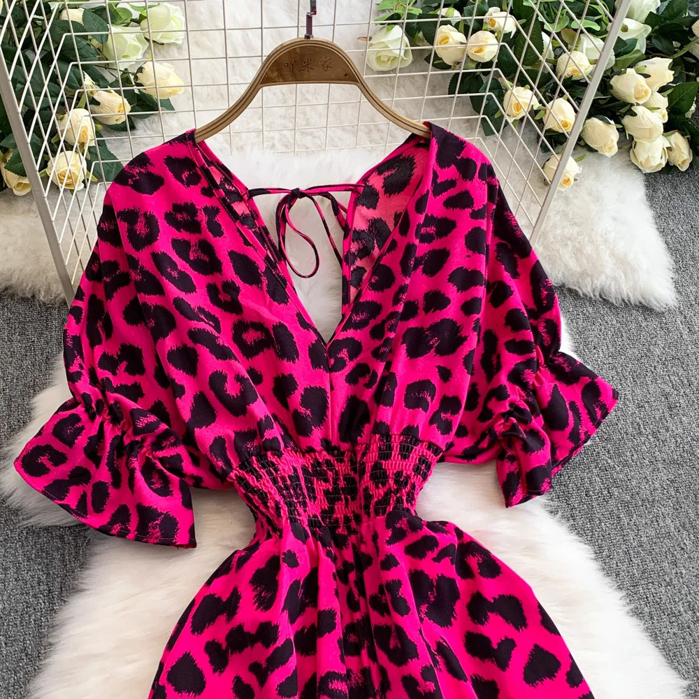 Summer Fashion VNeck Leopard Print LaceUp Jumpsuit Short Sleeve Loose Playsuit Overalls Women Elegant Ruffle Rompers 250604