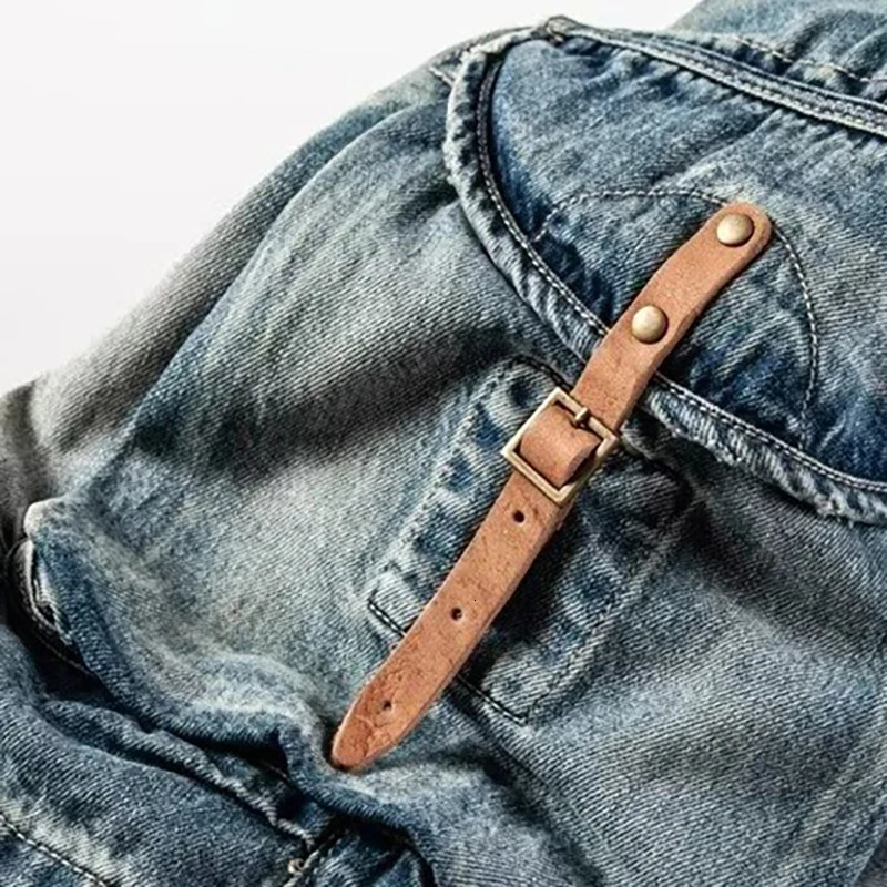 Heavy Vintage Jean Shorts Men Summer American Washed Hole Leather Loose Side Pock Riding Denim Shorts Mens Cargo Pants 250529