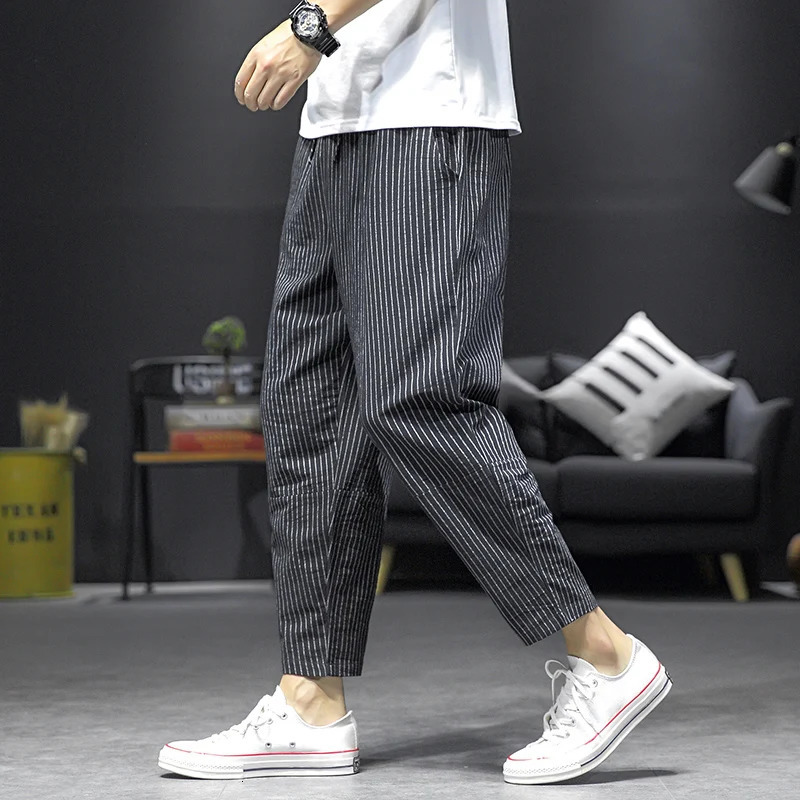 Summer Mens Large Size Classic Harem Pants 3 Colors Casual Fashion Stripe Drawstring Cropped Linen Thin Trousers 250605Z