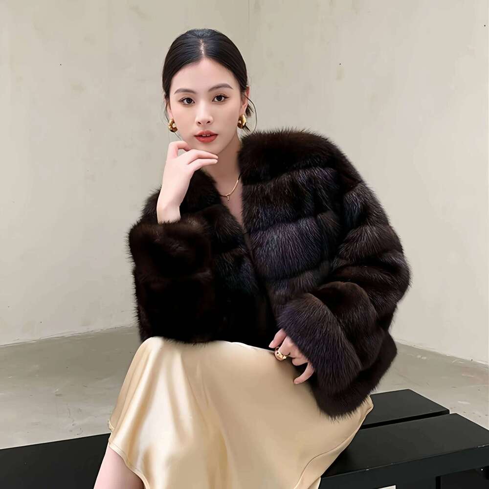 Women's Covered Button Faux Mink Fur Coat, O-Neck Short Jacket,Thick Warm Clothes,England Style,Autumn And Winter, 2024