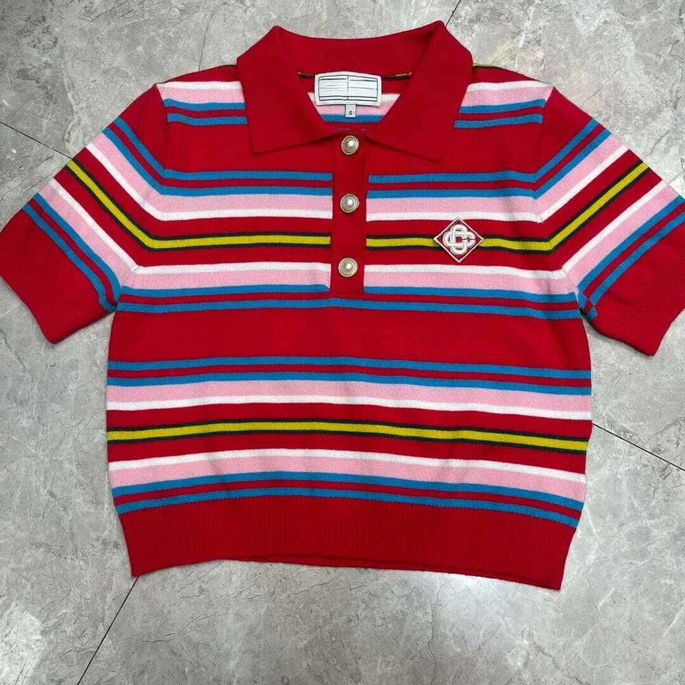 2025 Summer Women 2 Piece Set Polo Neck Pearl Button Shorts Crop Tops+Mini Skirts Contrasting Stripes Retro Streetwear Outfits