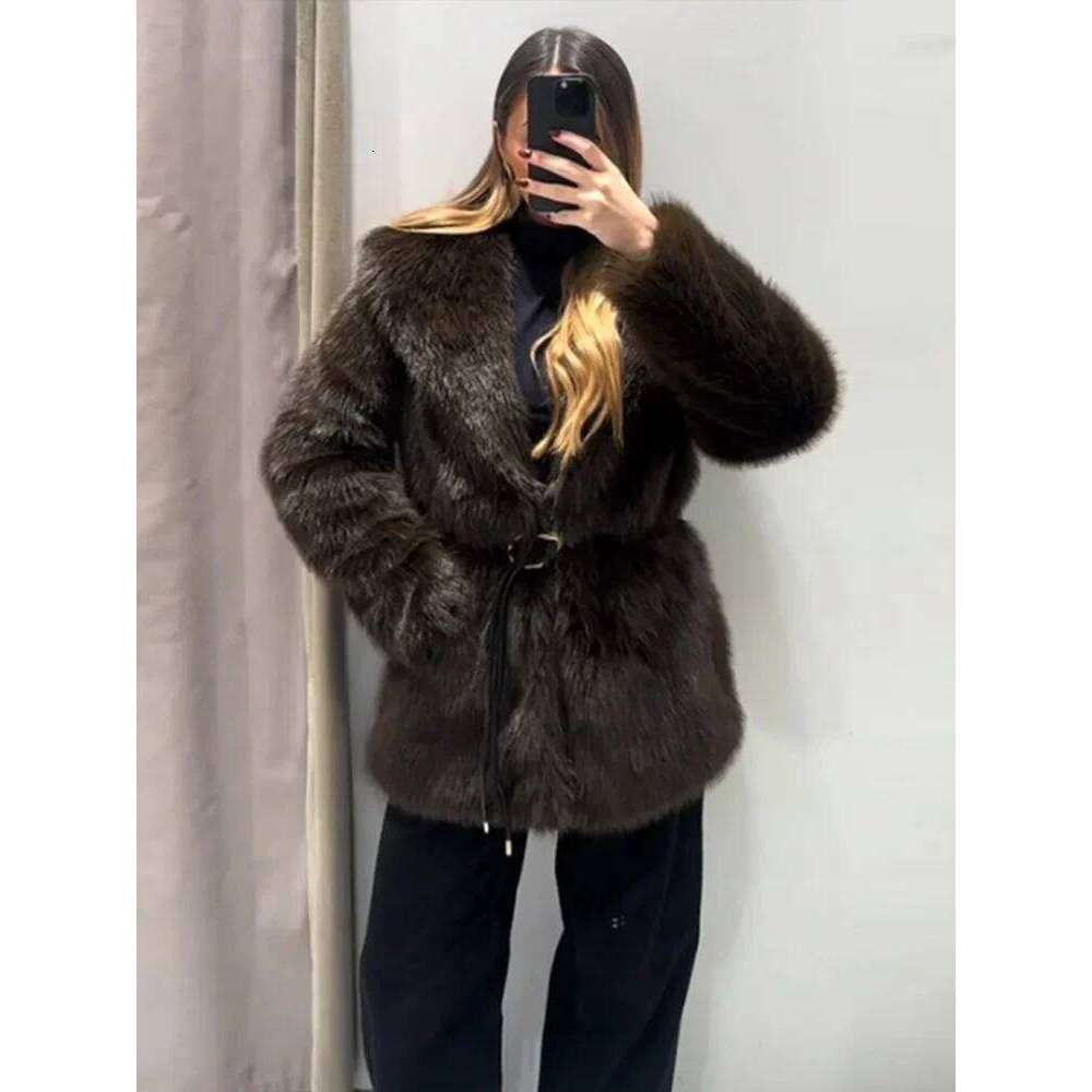 Vintage Fluffy Women's Faux Fur Coats Belt Lapel Full Sleeve Pocket Jacket 2024 Autumn Winter Warm Thicken Lady Outwear