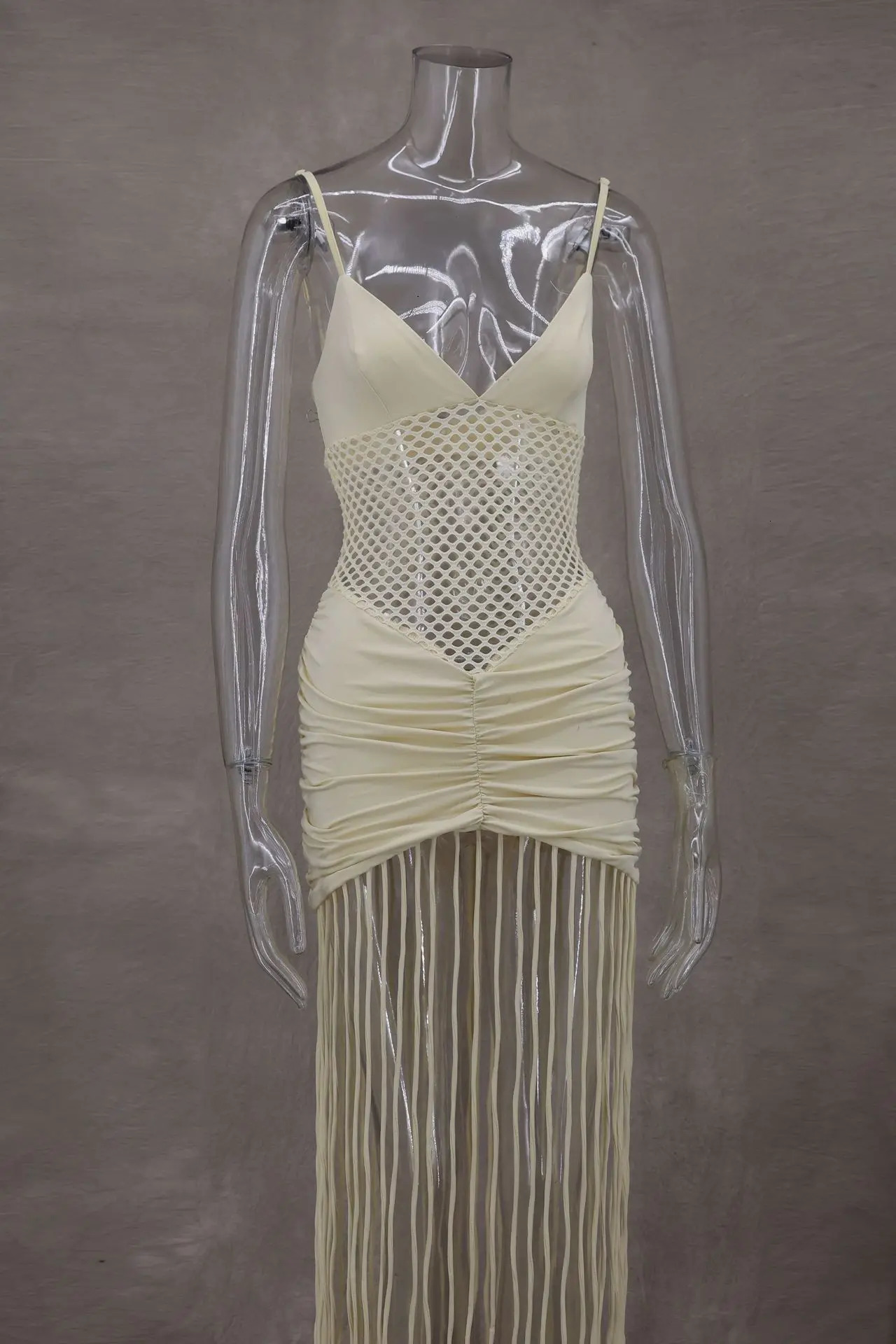 VEITCHE Summer Sexy Hollow Out OffShoulder Mesh Wrap Women Long Dress Pleats Hem Tassel Slim Fit Beach Party Dress 250604