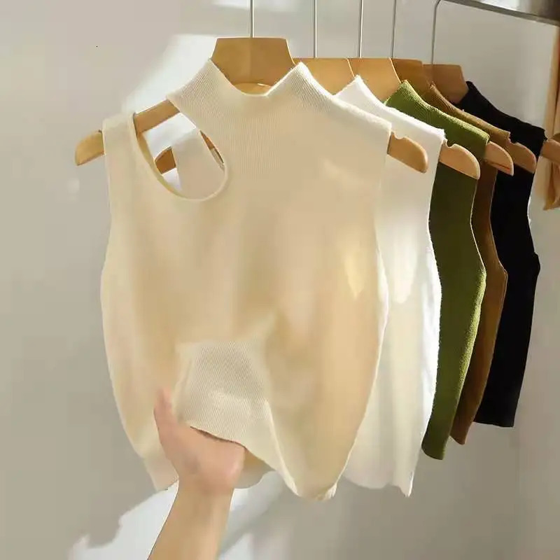 AOSSVIAO 2025 Hollow Out Pullover Knitted Tank Top Summer Fall Slim Sweater Sleeveless Solid Half High Collar Sweaters 250530