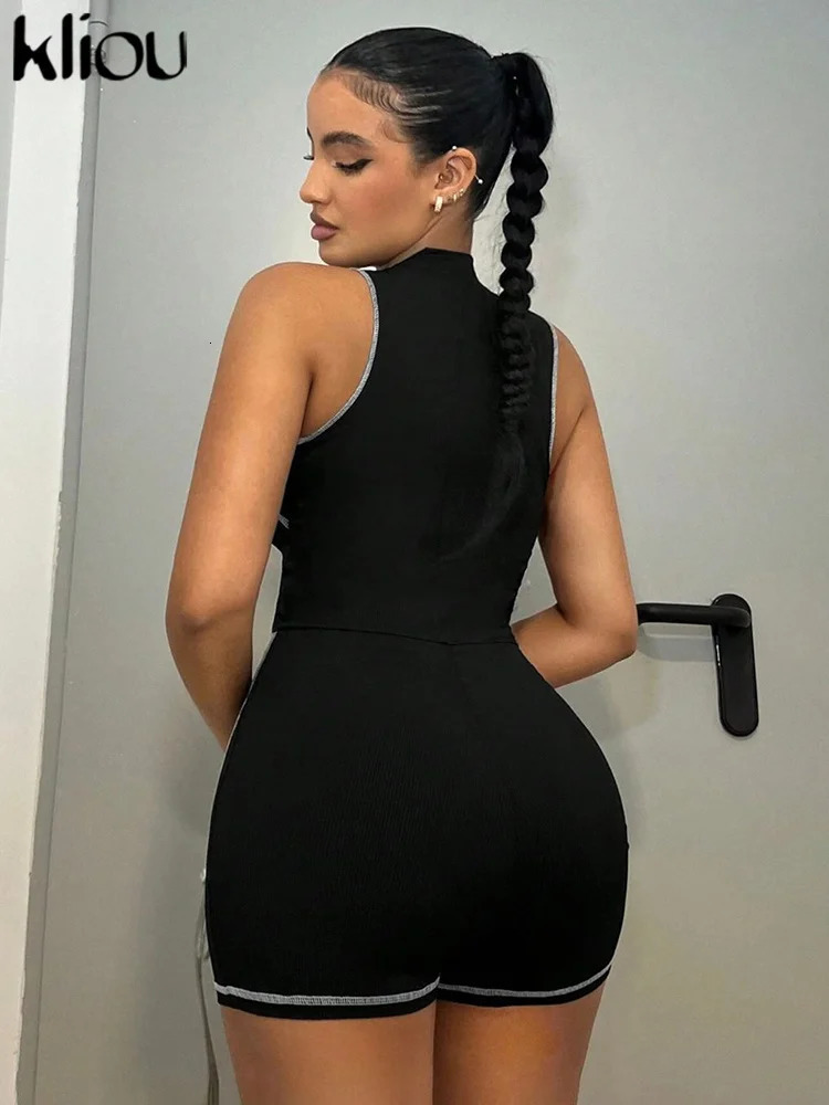 kliou Fashion Mesh Patchwork Playsuits Women Striped See Through Zipup Oneck Sheath Fit Rompers Female Casual Summer One Piece 250604