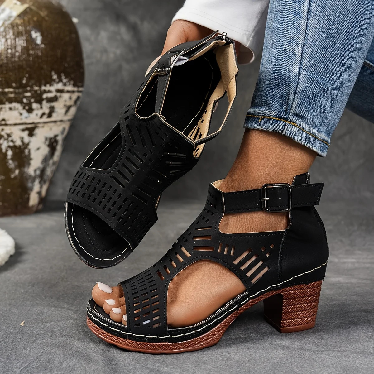 Ladies Non Slip Summer Sandals with Open Toe Zipper Closure Polyester Upper Layer Party Shoes Platform Heel Sandals 250605