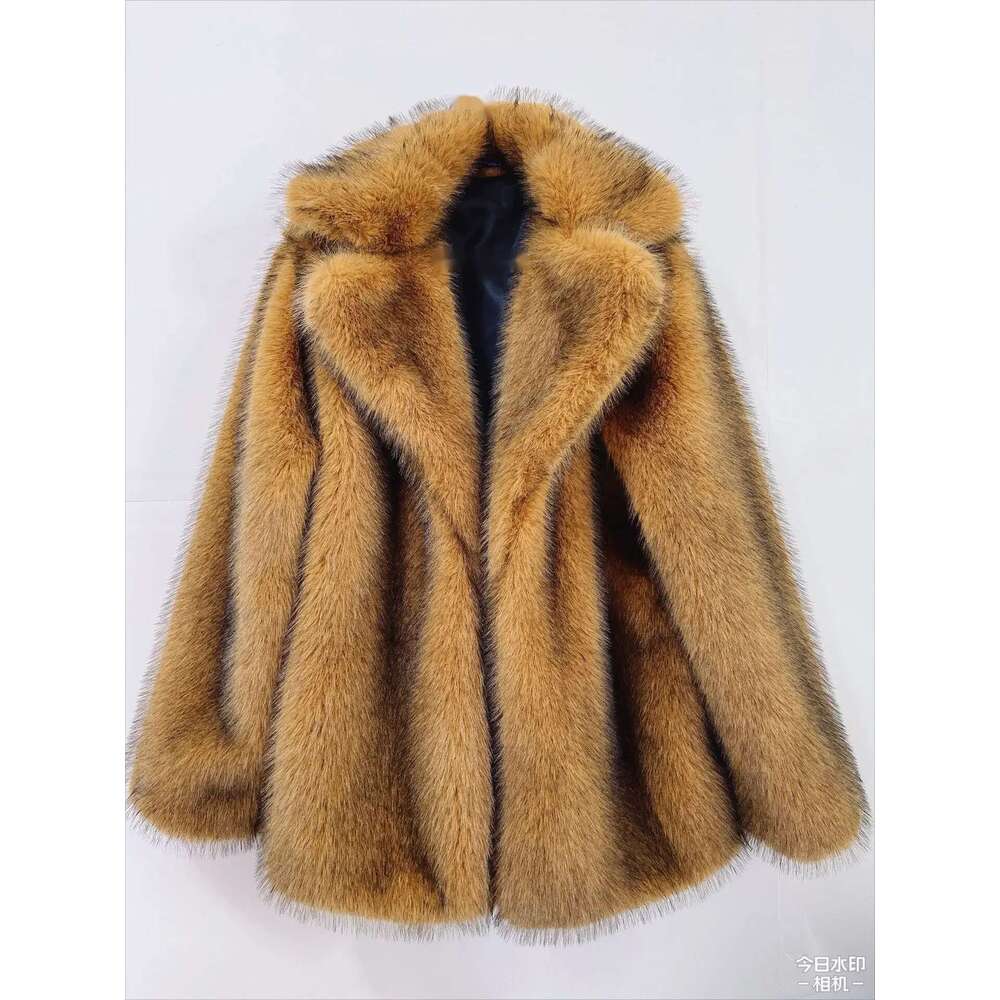 Sier Gray Faux Fur Women Autumn Winter Large Jacket Overcoat Turn Down Collar Pockets Thick Coat Warm Jackets Maxi Coats