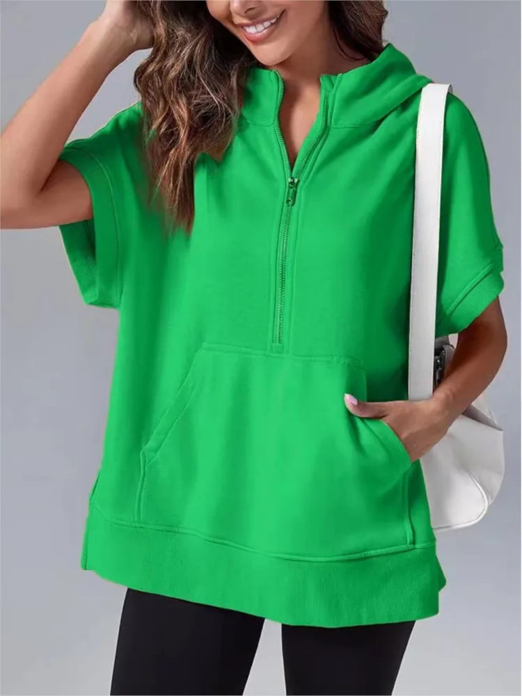 Women Fashion Solid Loose Sweatshirt Summer Short Sleeve Pocket Zipper Tops Female Casual High Street Sports Hooded Sweatshirt 250604