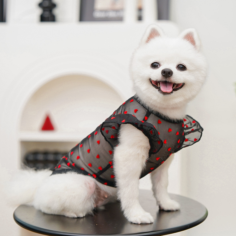 Pet Clothes Cat Summer Mesh Heart-shaped Vest Flying Sleeves Clothing Comfortable Clothes