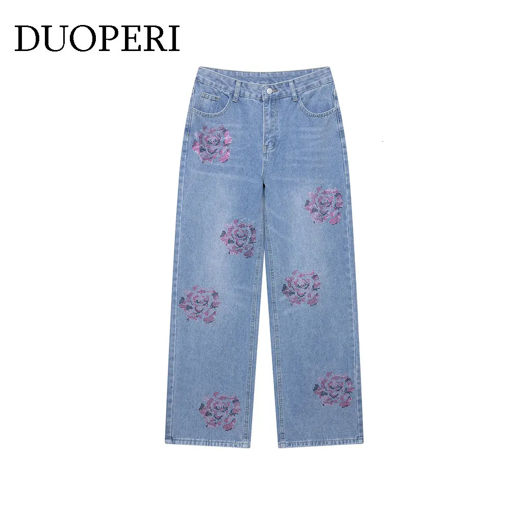 DUOPERI Women With Diamond Blue Straight Jeans Pants High Waist Full Length Female Elegance Casual Denim Trousers 250604