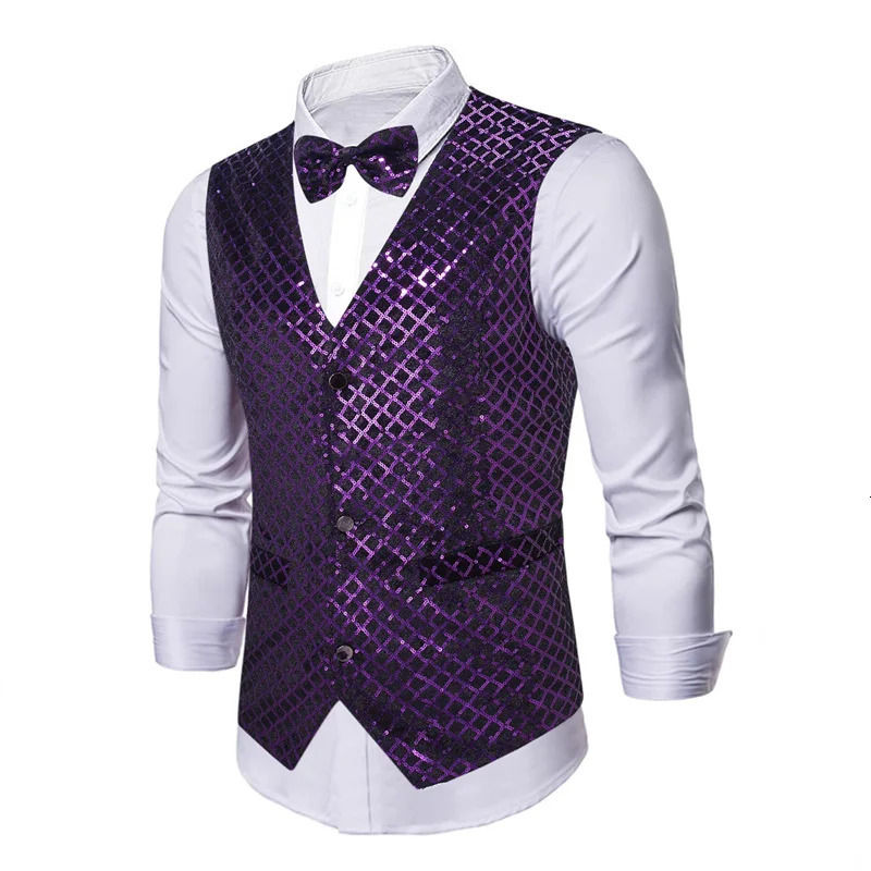 Fashion Men Sequin Suit Vest Loose Splicing Top Singer Pianist Stage Performance Dress Waistcoat 250605Z