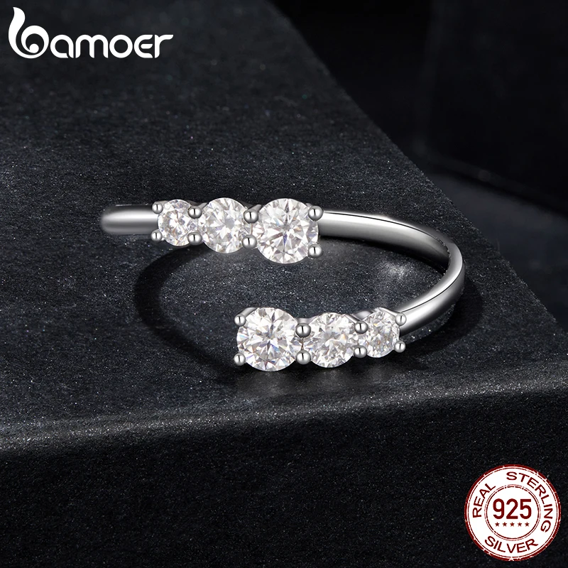BAMOER Moissanite White Gold Plated Adjustable Ring 925 Sterling Silver Exquisite Open Ring for Women Engagement Jewelry Gift