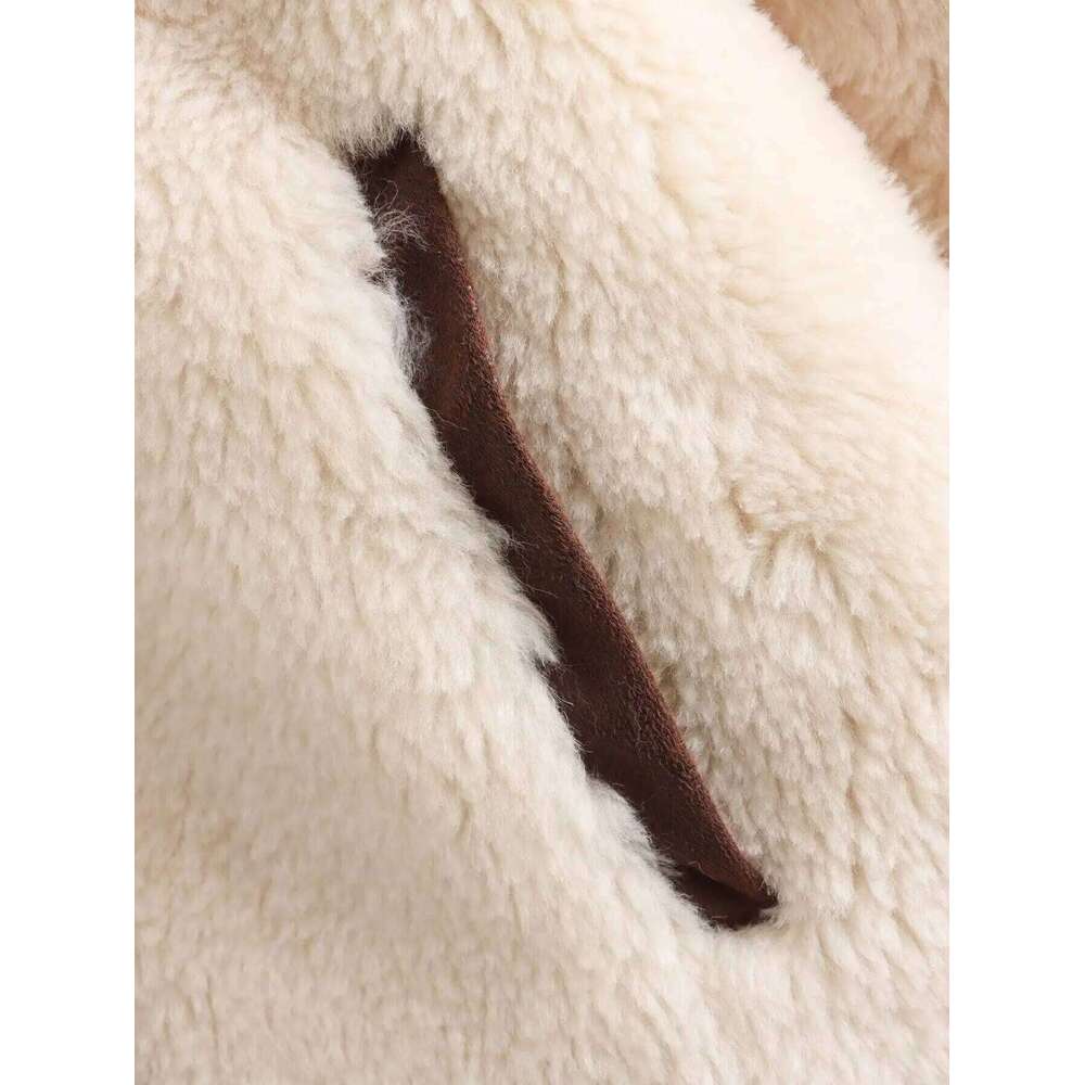 New Fashion Thick Warm Loose Single Breasted Stand Neck Fleece Retro Long Sleeve Side Pocket Women's Coat Chic Top