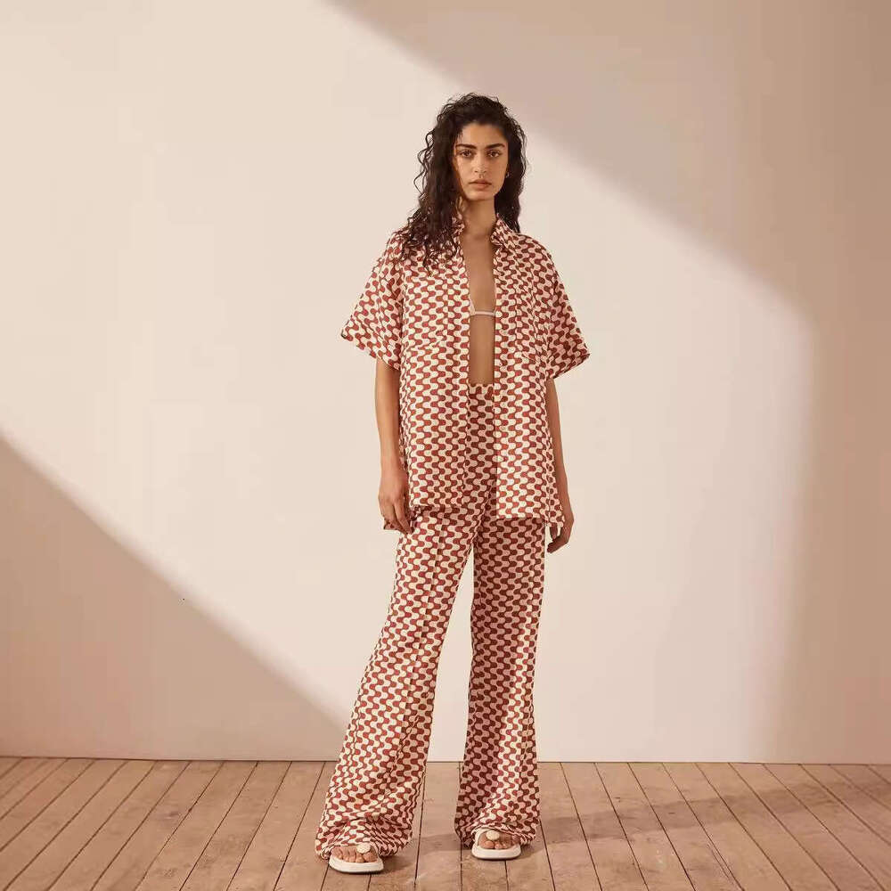 Women's New Fashion Casual Geometric Print Pocket Top Cardigan Flared Pants Set B5