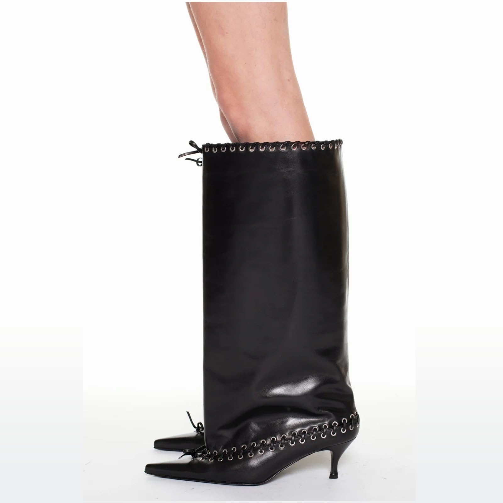 ARQA Laced Embellishment Knee High Boots Women Metal Eyelets Pointed Toe Tall Boots Kitten Heel Bow Tie Long Boot