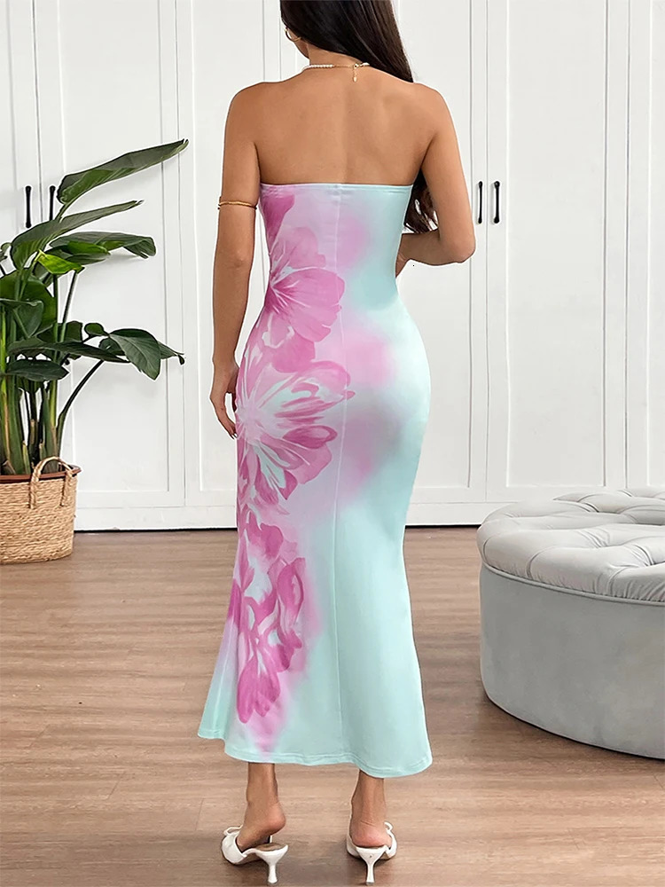 Summer Womens Dresses Streetwear Fashion Print Casual Slim Maxi Dress Sexy Elegant Lady Backless Strapless Clothing 250604