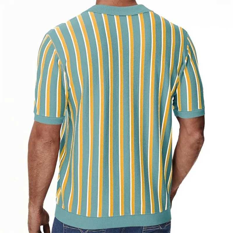 Mens Fit Striped Knit Shirt with Lapel V Neck and Short Sleeves - Stylish Summer Streetwear Top for a Trendy Look XJ250605