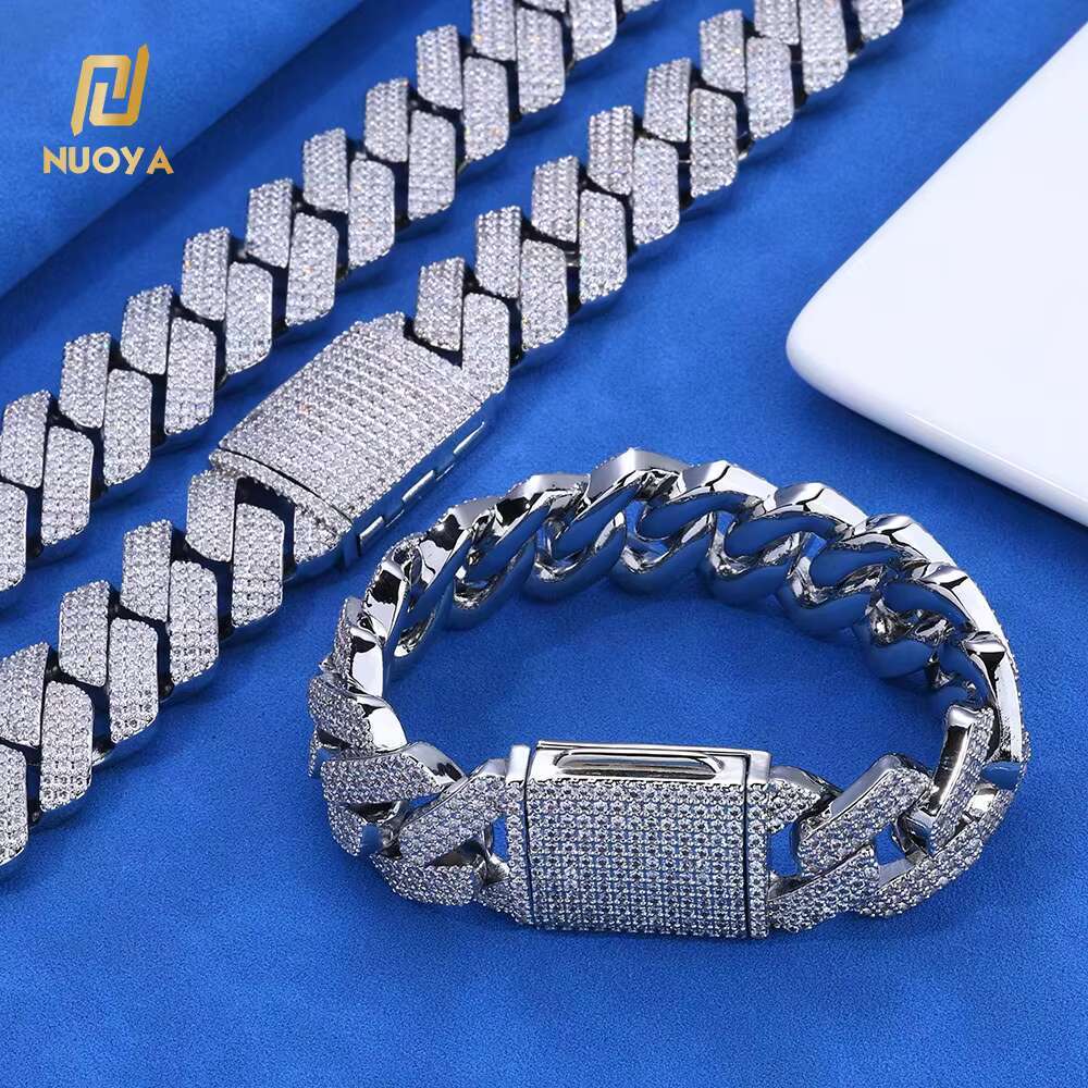 Moissanite Womens Chunky Necklace 3 Row Stone 925 Sterling Silver VVS Moissanite Diamond Prong Cuban Link Chain Hip Hop Jewelry