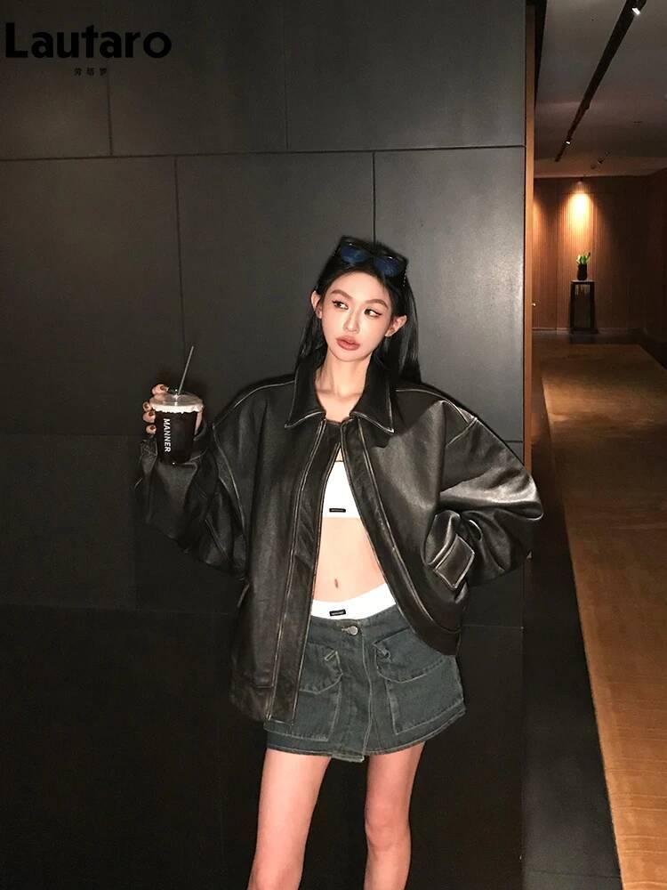 2025 Lautaro Spring Autumn Cool Handsome Retro Oversized Distressed Brown Soft Faux Leather Jackets For Women Zipper Runway Fashion